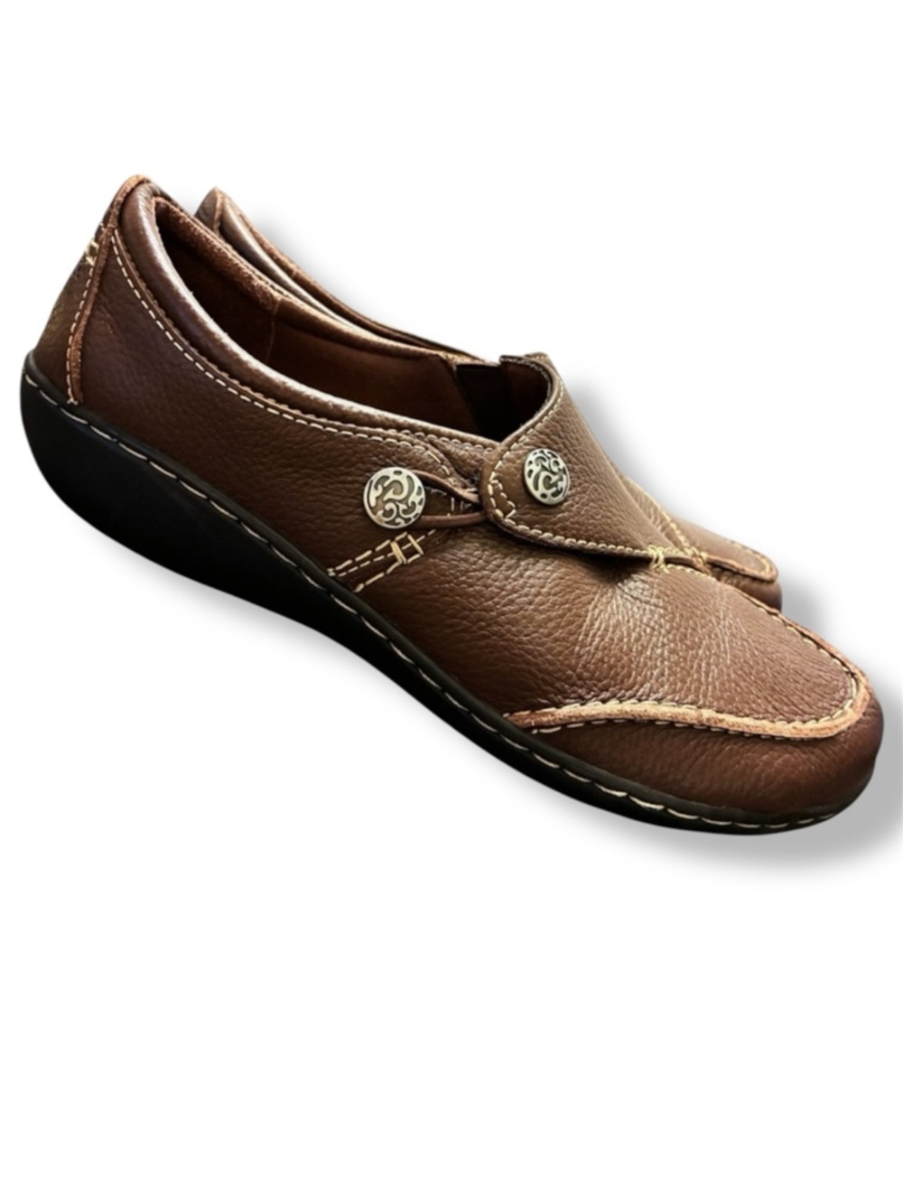 👞 Clarks Collection Brown Leather Comfort Loafers Slip On Shoes Women’s 9